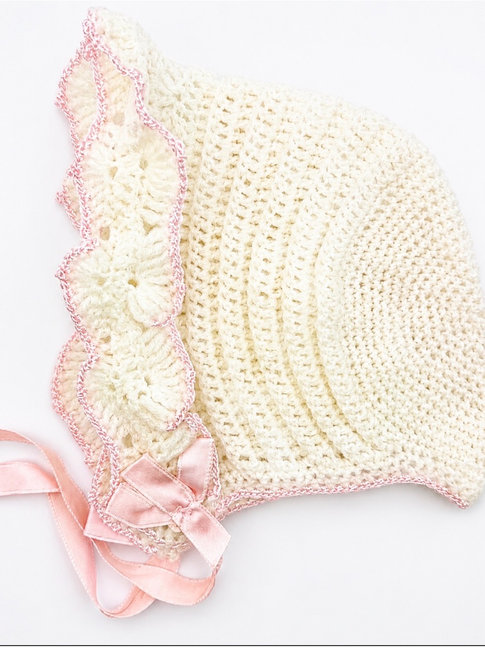 Cream Crochet Baby Bonnet with Pink Trim and Bow
